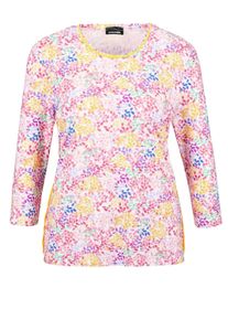 Print-Shirt GOLDNER "Kurzgr&ouml;&szlig;e Viskoseshirt im Alloverdruck, Rundhals", Damen, Gr. 24, gelb (gelb, gemustert), Obermaterial: 95% Viskose CV. 5% Elasthan EL., gerade, Manschette, Shirts Print-Shirt, Paspel-Details