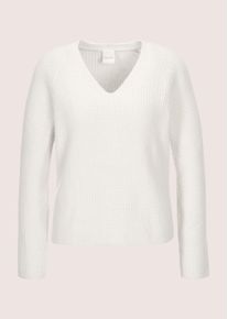 Madeleine Mode Longpullover MADELEINE "Strickpullover L&auml;ssiger Wollpullover mit V-Ausschnitt", Damen, Gr. 48, wei&szlig; (wollwei&szlig;), Obermaterial: 45% Wolle mw. 30% Kaschmir WS. 15% Viskose CV. 10% Polyamid PA., Modern, Pullover Longpullover, Aufweniges Rippenmuster