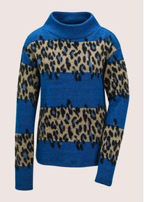 Madeleine Mode Langarmshirt MADELEINE "Sweatshirt Leo-Design Pullover mit Stehkragen", Damen, Gr. 36, blau (royalblau, multicolor), Obermaterial: 40% Polyamid PA. 35% Polyester PES. 25% Viskose CV., Modern, Shirts Langarmshirt