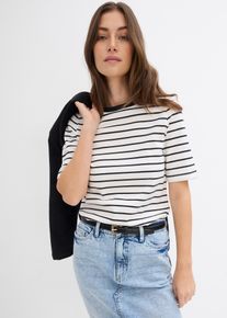 T-Shirt bonprix, Damen, Gr. 40/42 (M), wollwei&szlig;, schwarz gestreift, Jersey, Obermaterial: 100% Baumwolle, geringelt, gestreift, bequem h&uuml;ftbedeckend, Rundhals, Shirts T-Shirt, Halbarm, aus reiner Baumwolle