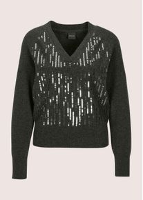 Madeleine Mode Longpullover MADELEINE "Feinstrickpullover Eleganter Wollpullover mit stilvollen Pailletten", Damen, Gr. 48, silber (bleigrau, silberfarben), Obermaterial: 100% Schurwolle WV., Modern, Pullover Longpullover, Hochwertiges Naturgarn