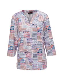 Print-Shirt GOLDNER "Tunika-Druckshirt mit Stehkragen", Damen, Gr. 38, blau (blau, lila, lachsrosa, gemustert), Obermaterial: 95% Viskose CV. 5% Elasthan EL., normal, Sonstiges, Shirts Print-Shirt, Ohne