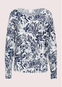 Madeleine Mode Longpullover MADELEINE "Feinstrickpullover Viskoseshirt mit floralem Muster", Damen, Gr. 44/46, wei&szlig; (wollwei&szlig;, marine, multicolor), Obermaterial: 80% Viskose CV. 20% Polyamid PA., Modern, gerade, U-Boot-Ausschnitt, Pullover Longpullover, Rippenb&uuml;ndchen