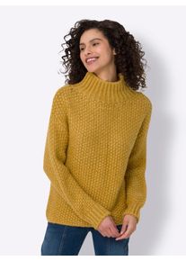 Strickpullover Heine "Pullover", Damen, Gr. 34, gelb (ocker, meliert), 57% Polyacryl, 22% Polyester, 11% Wolle, 10% Viskose, unifarben, Pullover Strickpullover
