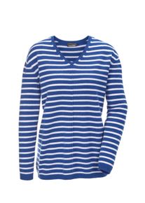 Strickpullover GOLDNER "Basicpullover mit V-Ausschnitt", Damen, Gr. 46, wei&szlig; (dunkelblau, wei&szlig;, geringelt), Obermaterial: 100% Kaschmir WS., Rippe, Pullover Strickpullover, Aufwendig in Form gestrickt