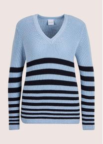 Madeleine Mode Longpullover MADELEINE "Strickpullover Moderner Strickpullover im Ringel-Design", Damen, Gr. 40/42, blau (bleu, marine), Obermaterial: 50% Baumwolle CO. 50% Polyacryl PAN., Modern, V-Ausschnitt, Pullover Longpullover, Edles Perlfang-Muster