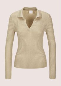 Madeleine Mode Longpullover MADELEINE "Strickpullover Glanzpullover mit Polokragen", Damen, Gr. 40/42, wei&szlig; (perlwei&szlig;, goldfarben), Obermaterial: 40% Polyacryl PAN. 40% Viskose CV. 20% metallisierte Fasern MTF., Modern, figurbetont, V-Ausschnitt, Pullover Longpullover, Polokragen