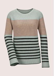 Madeleine Mode Longpullover MADELEINE "Pullover Schurwoll-Pullover mit Perlfang-Struktur", Damen, Gr. 40/42, wei&szlig; (wollwei&szlig;, hellsalbeigr&uuml;n, multicolor), Obermaterial: 100% Schurwolle WV., Modern, normal, Pullover Longpullover