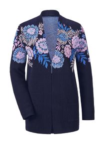 Strickpullover GOLDNER "Kurzgr&ouml;&szlig;e Strickjacke mit V-Ausschnitt", Damen, Gr. 20, blau (marine, gemustert), Obermaterial: 50% Viskose CV. 28% Polyester PES. 22% Polyamid PA., Tubular, Pullover Strickpullover, Jacquardmuster