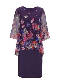 Etuikleid GOLDNER "Kurzgr&ouml;&szlig;e Kleid mit floralem Chiffon&uuml;berwurf", Damen, Gr. 20, K-Gr, lila (amethyst, gemustert), Obermaterial: 95% Polyester PES. 5% Elasthan EL., Gerade, Kleider Etuikleid, keine/nicht relevant