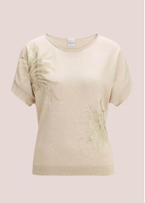 Madeleine Mode Longpullover MADELEINE "Pullover Kurzarm-Pullover mit glanzvollem Floral-Print", Damen, Gr. 48, wei&szlig; (perlwei&szlig;, multicolor), Obermaterial: 100% Baumwolle CO., Modern, Pullover Longpullover