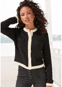 Strickjacke Lascana, Damen, Gr. 44/46, beige (schwarz, creme), Strick, Obermaterial: 37% Polyester, 36% Polyacryl, 22% Baumwolle, 5% Elasthan, unifarben mit Farbeinsatz, figurbetont taillenbedeckt, Rundhals, kontrastfarben, Strickjacken Strickjacke, mit dezentem Lurexgarn, Kontrastb&uuml;ndchen, casual-chic, elegant, Topseller