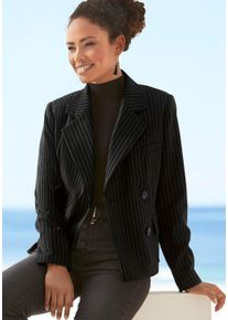 Kurzblazer Lascana, Damen, Gr. 36, schwarz (schwarz, braun gestreit), Web, Obermaterial: 70% Polyester, 28% Viskose, 2% Elasthan. Futter: 100% Polyester, gestreift, figurbetont h&uuml;ftlang, Blazer Kurzblazer, mit doppelreihigem Knopfverschluss, Damenblazer, sportlich-elegant, Topseller