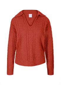 Madeleine Mode Longpullover MADELEINE "Pullover Zopfpullover mit V-Ausschnitt", Damen, Gr. 40/42, orange (rotorange, melange), Obermaterial: 47% Polyamid PA. 42% Viskose CV. 9% Polyester PES. 2% Elasthan EL., Modern, V-Ausschnitt, Pullover Longpullover