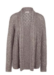 Strickjacke GOLDNER "Trageangenehme offene Strickjacke", Damen, Gr. 46, beige (taupe, melange), Obermaterial: 72% Polyester PES. 24% Polyacryl PAN. 4% Wolle WO., Rippe, Strickjacken Strickjacke, Feine Ajourstruktur trifft sch&ouml;nes Zopfmuster