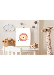 Bild mit Rahmen queence "L&ouml;wengesicht", rot (farbe rahmen: natur, braun, beige, farbe bild(er): rot), B:50cm H:70cm T:1,5cm, Holz, Plexiglas, Bilder, Bild mit Rahmen, HD Premium Posterdruck mit Echtholzrahmen