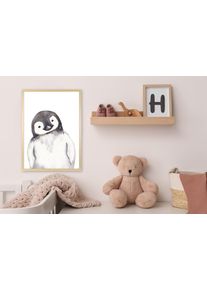 Bild mit Rahmen queence "Pinguin", schwarz (farbe rahmen: natur, braun, beige, farbe bild(er): schwarz), B:40cm H:50cm T:1,5cm, Holz, Plexiglas, Bilder, Bild mit Rahmen, HD Premium Posterdruck mit Echtholzrahmen