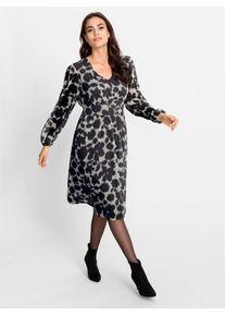 Druckkleid Heine "Druck-Kleid", Damen, Gr. 42, Normalgr&ouml;&szlig;en, beige (champagner, schwarz, bedruckt), 100% Polyester, bedruckt, gebl&uuml;mt, gemustert, knielang, V-Ausschnitt, Kleider Druckkleid