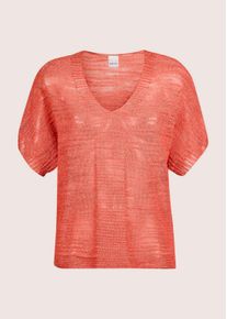 Madeleine Mode Longpullover MADELEINE "Pullover Halbarm-Pullover mit Glanz-Effekt", Damen, Gr. 44/46, orange (apricot, goldfarben), Obermaterial: 51% Leinen LI. 37% Polyester PES. 10% metallisierte Fasern MTF. 2% Polyamid PA., Modern, normal, V-Ausschnitt, Pullover Longpullover