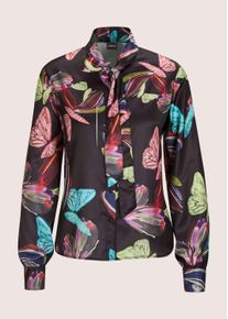 Madeleine Mode Langarmbluse MADELEINE "Hemdbluse Farbenfrohe Dschungel-Print Bluse", Damen, Gr. 42, schwarz (schwarz, multicolor), Obermaterial: 100% Polyester PES., Modern, Blusen Langarmbluse, Mit Schluppenband