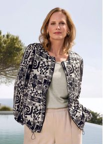 Kurzjacke GOLDNER "Kurzgr&ouml;&szlig;e Satinjacke mit Aztekenmuster", Damen, Gr. 20, schwarz (stein, schwarz, gemustert), Obermaterial: 100% Viskose CV., Jacken Kurzjacke, Kordelzug am Saumabschluss