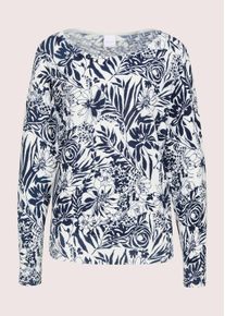 Madeleine Mode Longpullover MADELEINE "Feinstrickpullover Viskoseshirt mit floralem Muster", Damen, Gr. 34, wei&szlig; (wollwei&szlig;, marine, multicolor), Obermaterial: 80% Viskose CV. 20% Polyamid PA., Modern, gerade, U-Boot-Ausschnitt, Pullover Longpullover, Rippenb&uuml;ndchen