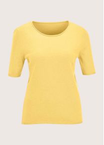 Madeleine Mode 2-in-1-Strickjacke MADELEINE "Twinset Basic Strickjacke mit Halbarmpullover", Damen, Gr. 44/46, gold (goldgelb, melange), Obermaterial: 46% Modal CMD. 40% Polyacryl PAN. 14% Polyamid PA., Modern, Strickjacken 2-in-1-Strickjacke