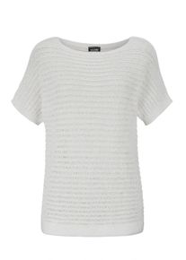 Rundhalspullover GOLDNER "Kurzgr&ouml;&szlig;e Kurzarm-Pullover mit Rippen", Damen, Gr. 22, beige (cremewei&szlig;), Obermaterial: 60% Polyester PES. 40% Baumwolle CO., normal, Rippe, Pullover Rundhalspullover, Rippenb&uuml;ndchen