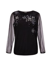 Kurzarmshirt GOLDNER "Kurzgr&ouml;&szlig;e Langarmshirt mit transparenten &Auml;rmeln", Damen, Gr. 23, schwarz (schwarz, silberfarben, gemustert), Obermaterial: 100% Polyester PES., festlich, gerade, U-Boot-Ausschnitt, keine/nicht relevant, Shirts Kurzarmshirt, keine/nicht Relevant