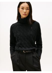 Rollkragenpullover Tommy Hilfiger "SOFT WOOL CABLE ROLL-NK LS SWT", Damen, Gr. M (38), schwarz, Strick, Obermaterial: 100% Wolle, unifarben, normal, Pullover Rollkragenpullover, mit Zopfmuster, aus reiner Wolle