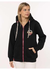 Kapuzensweatjacke Zwillingsherz "Brave Spirit", Damen, Gr. S/M, schwarz, angeraute Sweatware, Obermaterial: 50% Baumwolle, 50% Polyester, h&uuml;ftbedeckend, ohne Ausschnitt, Sweatjacken Kapuzensweatjacke, Langarm, Rei&szlig;verschluss, Kapuze, Kordelzug, Animal-Details