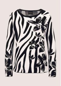 Madeleine Mode Longpullover MADELEINE "Strickpullover Intarsienpullover mit Zebra- und Blumenmuster", Damen, Gr. 48, schwarz (schwarz, wollwei&szlig;), Obermaterial: 50% Baumwolle CO. 50% Polyacryl PAN., Modern, normal, U-Boot-Ausschnitt, Pullover Longpullover