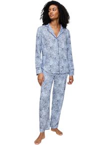 Pyjama Triumph "Boyfriend Fit PW 03", Damen, Gr. 46, blau (combina blau), Single Jersey, Obermaterial: 100% Viskose, bequem lang, V-Ausschnitt, Homewear-Sets Pyjama, bequem und stilvoll