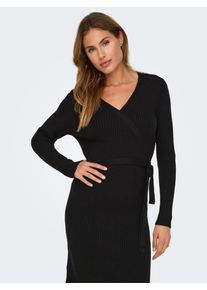 Strickkleid Only "ONLVENLO L/S RIB WRAP DRESS RP KNT", Damen, Gr. L, N-Gr, schwarz, Rippstrick, Obermaterial: 50% Viskose, 27% Nylon, 23% Polyester, unifarben, regular fit knielang, V-Ausschnitt, Kleider Strickkleid