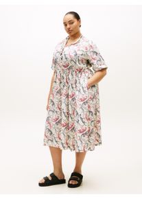 Midikleid Tommy Hilfiger Curve "CRV LINEN MIDI SHIRT DRESS SS", Damen, Gr. 50, N-Gr, leopard baroque rwb, Web, Obermaterial: 100% Leinen, bedruckt, relaxed fit Midi, Rundhals, Umschlagsaum, Kleider Midikleid, in gro&szlig;en Gr&ouml;&szlig;en, Taille mit Bindeband