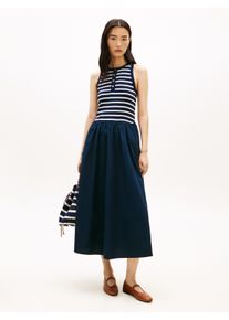 A-Linien-Kleid Tommy Hilfiger "GOLD BUTTON POPLIN MIX DRESS", Damen, Gr. XS (34), N-Gr, breton stripe schwarz night, ecru, Web, Obermaterial: 100% Baumwolle, gestreift, tailliert lang, Rundhals, Kleider A-Linien-Kleid, Baumwollmischung, mit goldfarbenen Kn&ouml;pfen