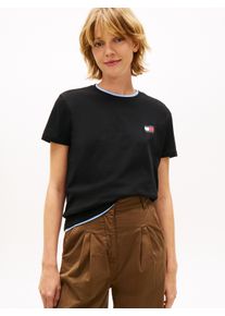 Kurzarmshirt Tommy Jeans "TJW REG WAVY FLAG SS TEE EXT", Damen, Gr. S (36), schwarz, Single Jersey, Obermaterial: 100% Baumwolle, unifarben, regular fit normal, Rundhals, abgesteppte Kante, Shirts Kurzarmshirt, Tommy Flag-Badge auf Brust, Jersey aus reiner Baumwolle