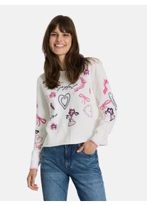 LIEBLINGSST&Uuml;CK Strickpullover LIEBLINGSST&Uuml;CK "DoritaL", Damen, Gr. 44, wei&szlig; (sanftes wei&szlig;), Strick, Obermaterial: 60% Baumwolle, 40% Polyacryl, bestickt, gemustert, mehrfarbig, normal, Rundhals, Rippstrickb&uuml;ndchen, Pullover Strickpullover, mit verspielten Stickereien