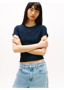 Kurzarmshirt Tommy Jeans "TJW SLIM SMOCK SS TEE", Damen, Gr. XS (34), schwarz night navy, Single Jersey, Obermaterial: 96% Polyester, 4% Elasthan, unifarben, slim fit h&uuml;ftlang, Rundhals, gewellter Abschluss, Shirts Kurzarmshirt, aus Seersucker, mit Kr&auml;uselsaum