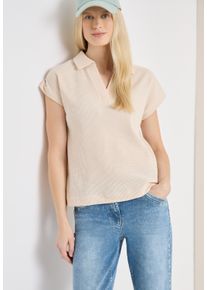 T-Shirt Cecil, Damen, Gr. XS (36), pearl beige, Web, Obermaterial: 80% Baumwolle, 20% Polyester, unifarben, normal h&uuml;ftbedeckend, V-Ausschnitt, abgesteppte Kante, Shirts T-Shirt, Sommershirt mit Struktur im Two-Tone-Look und mit Polokragen
