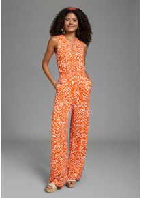 Jumpsuit Laura Scott, Damen, Gr. 46, N-Gr, rot, gemustert, Jersey, Obermaterial: 95% Viskose, 5% Elasthan, gemustert, bequem, Rundhals, Overalls Jumpsuit, mit sommerlichem Muster, modisch weites Bein und Knopfleiste