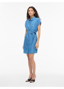 Blusenkleid Vila "VINORI S/S SHIRT DRESS - NOOS", Damen, Gr. 44, N-Gr, medium blau denim, Web, Obermaterial: 67% Baumwolle, 33% Lyocell, unifarben, regular fit kurz, Kleider Blusenkleid, Sommerkleid, im Denim Look