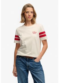 Print-Shirt Superdry "VARSITY STRIPE SCRIPT TEE", Damen, Gr. XS, cream, Single Jersey, Obermaterial: 100% Baumwolle, bedruckt, unifarben mit Farbeinsatz, relaxed fit normal, Rundhals, Shirts Print-Shirt