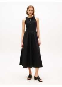 A-Linien-Kleid Tommy Hilfiger "GOLD BUTTON POPLIN MIX DRESS", Damen, Gr. XS (34), N-Gr, schwarz, Web, Obermaterial: 100% Baumwolle, unifarben, tailliert lang, Rundhals, Kleider A-Linien-Kleid, Baumwollmischung, mit goldfarbenen Kn&ouml;pfen