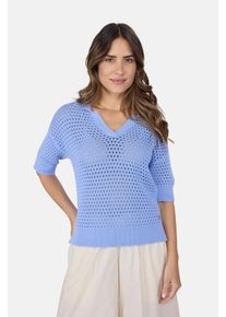 LIEBLINGSST&Uuml;CK Strickpullover LIEBLINGSST&Uuml;CK "PinsaL", Damen, Gr. 48, blau (hellblau), Strick, Obermaterial: 100% Baumwolle, clean, leicht transparent, unifarben, Basic, V-Ausschnitt, B&uuml;ndchen, Pullover Strickpullover, mit Polokragen