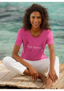 Kurzarmshirt Heine "Shirt", Damen, Gr. 50, fuchsia, 95% Viskose, 5% Elasthan, bedruckt, gebl&uuml;mt, gemustert, mehrfarbig, unifarben, Rundhals, Shirts Kurzarmshirt