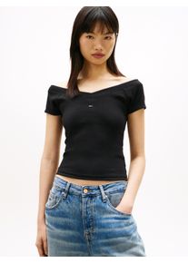 Kurzarmshirt Tommy Jeans "TJW SLIM OFF SHOULDER RIB SS TOP", Damen, Gr. XS (34), schwarz, Single Jersey, Obermaterial: 94% Baumwolle, 6% Elasthan, unifarben, slim fit taillenbedeckt, Carmenausschnitt, abgesteppte Kante, Shirts Kurzarmshirt, mit gerippter Struktur, schulterfrei