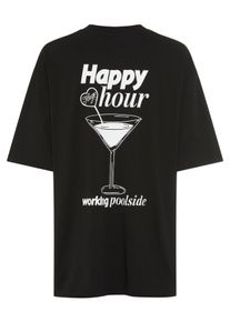 T-Shirt HUGO BLUE "Oversized Tee", Damen, Gr. XS, schwarz 001, Single Jersey, Obermaterial: 100% Baumwolle, unifarben, oversize h&uuml;ftbedeckend, Rundhals, abgesteppte Kante, Shirts T-Shirt, mit Print, Rundhals