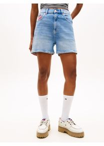 Jeansshorts Tommy Jeans "MOM SHORT RWB BJ8131", Damen, Gr. 34, N-Gr, denim medium, Denim/Jeans, Obermaterial: 81% Baumwolle, 18% Lyocell, 1% Elasthan, straight fit kurz, Jeans Jeansshorts, Straight Fit, Baumwoll-Mix mit Stretch