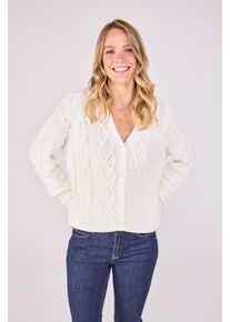 LIEBLINGSST&Uuml;CK Strickjacke LIEBLINGSST&Uuml;CK "AlysanneL", Damen, Gr. 48, wei&szlig; (sanftes wei&szlig;), Strick, Obermaterial: 60% Baumwolle, 40% Polylactid, gemustert, unifarben mit Farbeinsatz, B&uuml;ndchen, Strickjacken Strickjacke, mit Zopfmuster